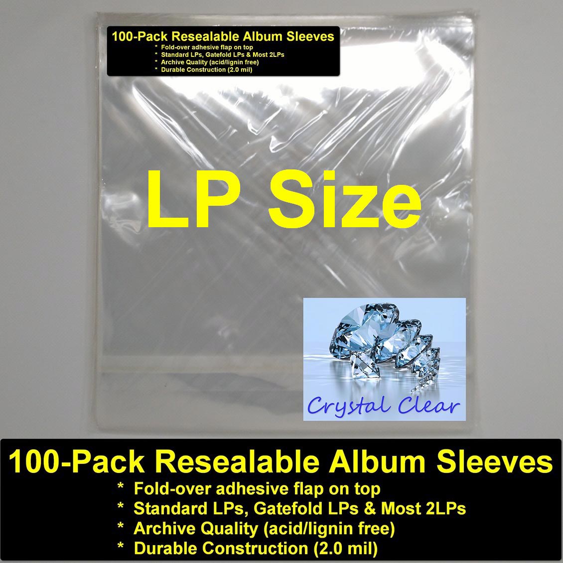 Record Bags - Pack of 100 Polypropylene Crystal Clear LP Bags With Resealable Flap